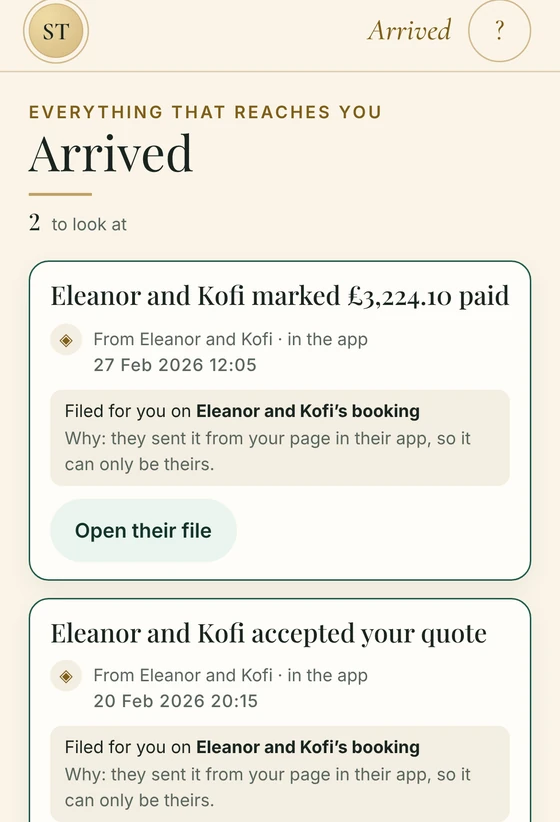 Arrived on the supplier phone: what came in, filed on the client's booking