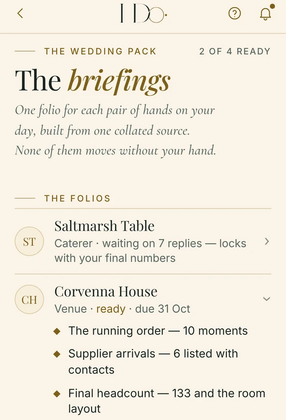 The wedding pack on the couple’s phone: a folio for each supplier, built from one source