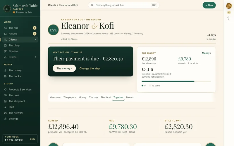 The supplier’s side of the same record: Saltmarsh Table’s page for Eleanor and Kofi, the Together tab, agreed £12,896.40, paid £9,780.30, still to pay £2,820.30