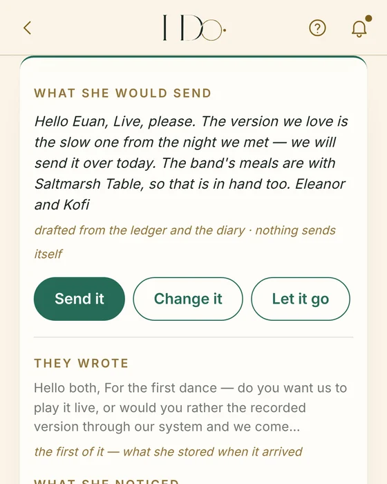 Her draft to the band, held for your word: Send it, Change it, or Let it go