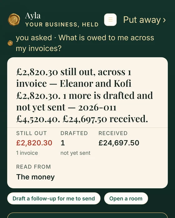 Ayla on the supplier phone: what is owed across my invoices, answered from your money