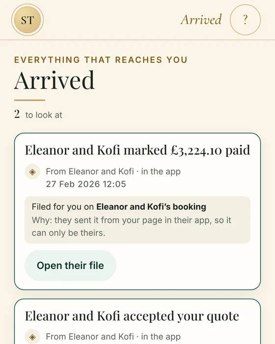 Arrived: Eleanor and Kofi's payment, filed for you on their booking