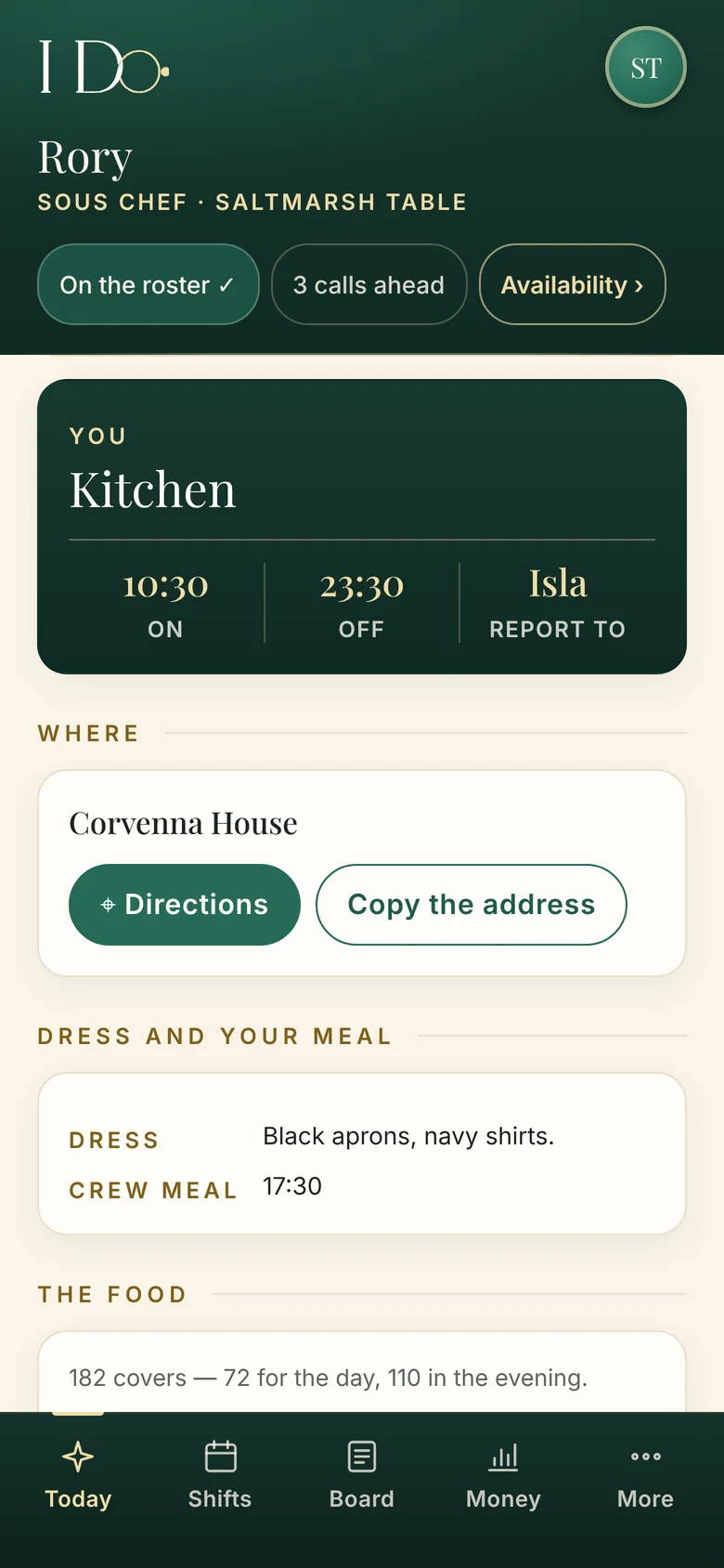 The briefing: Where to be, when they are on and off, what to wear, the crew meal.