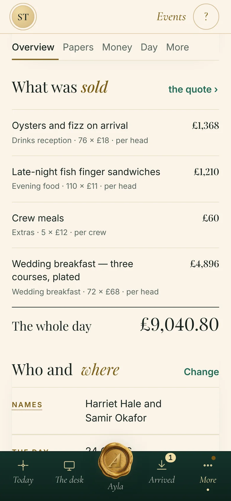 A client's record: What was sold to them, line by line, the whole day in one figure.
