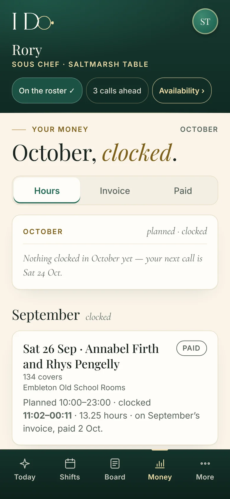 Clock in, clock out: Their hours land on the sheet as they clock in and out of each event.