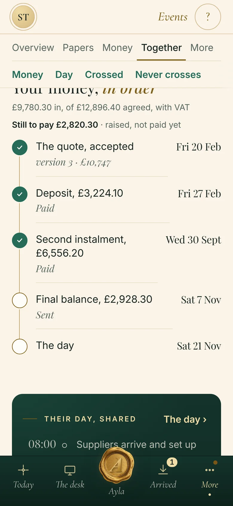 The invoices: Each one in order: the quote accepted, the deposit and instalment paid, the balance sent.