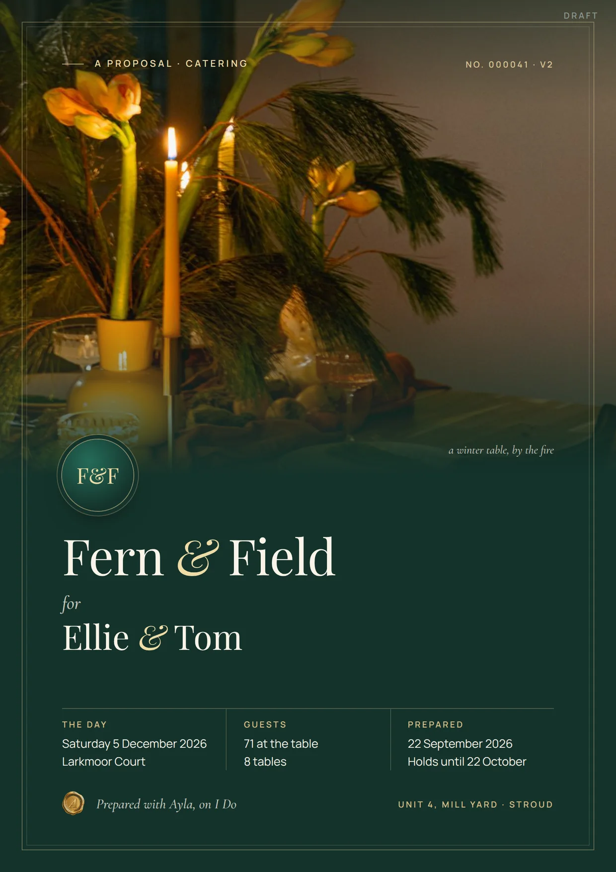 The proposal: Priced from the booking, designed for the couple, ready to send.