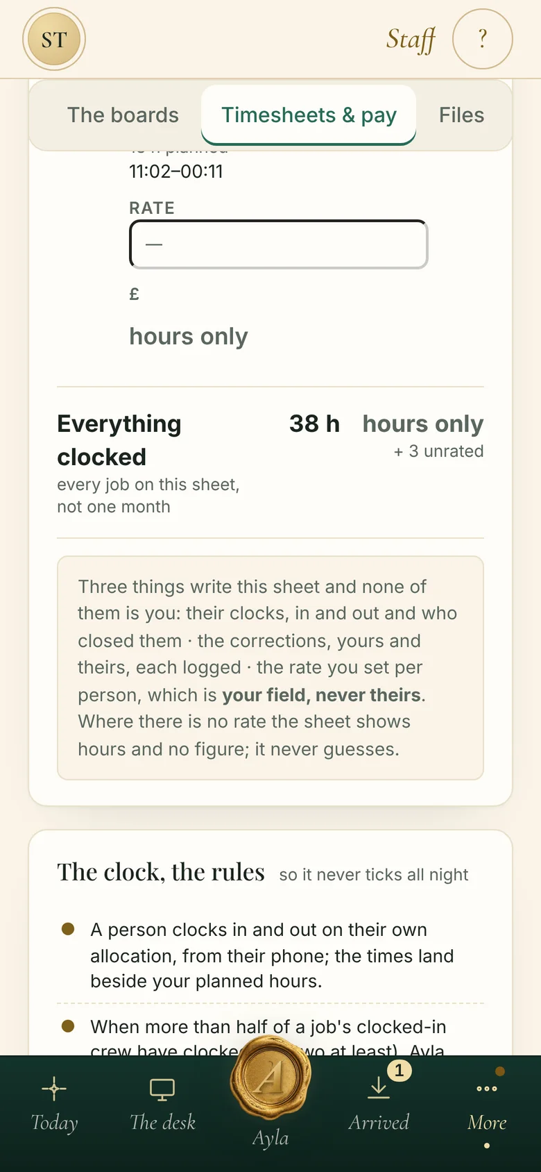 The clock, the rules: Hours only where no rate is set, and nothing is quietly overwritten.