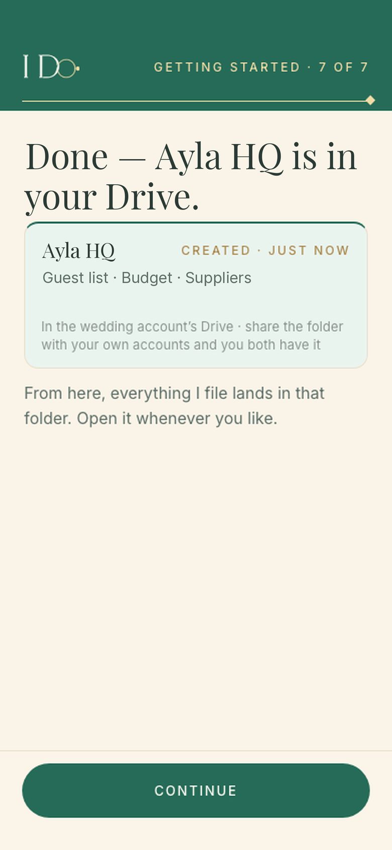 The last onboarding screen: Done, Ayla HQ is in your Drive, with the guest list, the budget and suppliers