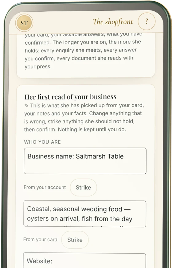 The shopfront on the supplier phone: her first read of your business, Saltmarsh Table, each line for you to strike or confirm
