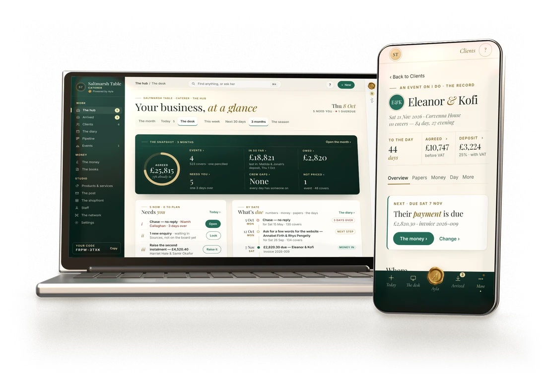 The supplier's desk on a laptop and the same business on a phone: Saltmarsh Table's hub, your business at a glance, and Eleanor & Kofi's record on the phone