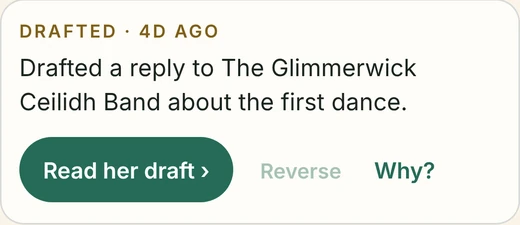 Drafted four days ago: a reply to The Glimmerwick Ceilidh Band about the first dance. Read her draft.